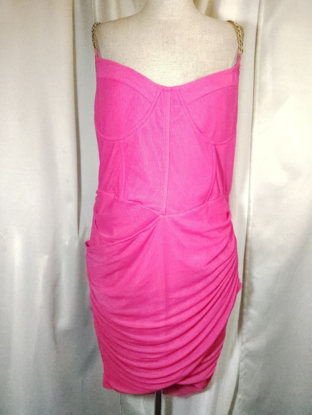 Pretty Little Thing Sheath Dress, TAG, Pink Ruchd Pleated, Gold Chain Straps, 12